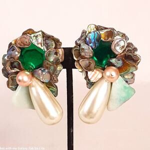 Jumbo Clip On Earrings Abalone Chips Blue Green Stones Teardrop Pearlesque Beads